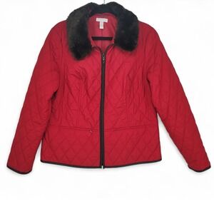 Charter Club Red Quilted Jacket Faux Fur Collar Petite Medium Zip‎ Front E